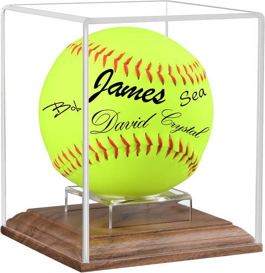 Softball Display Case Walnut Wood Base Acrylic Softball Case Display For Balls Uv Protection Softball Holder Cube Box Stand Memorabilia Autograph Ball, Ideal Gift For Official Size Single Ball Display