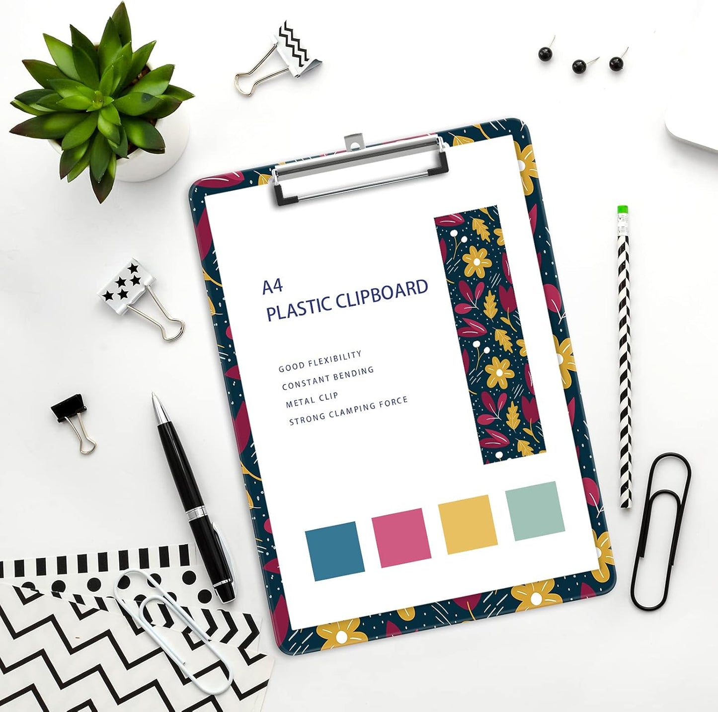 Plastic A4 Clipboards, Cute Clip Board Stardard Letter Size 9 x 12.5 in, Office Decorative for Students Women Men and Kids, Wildflowers