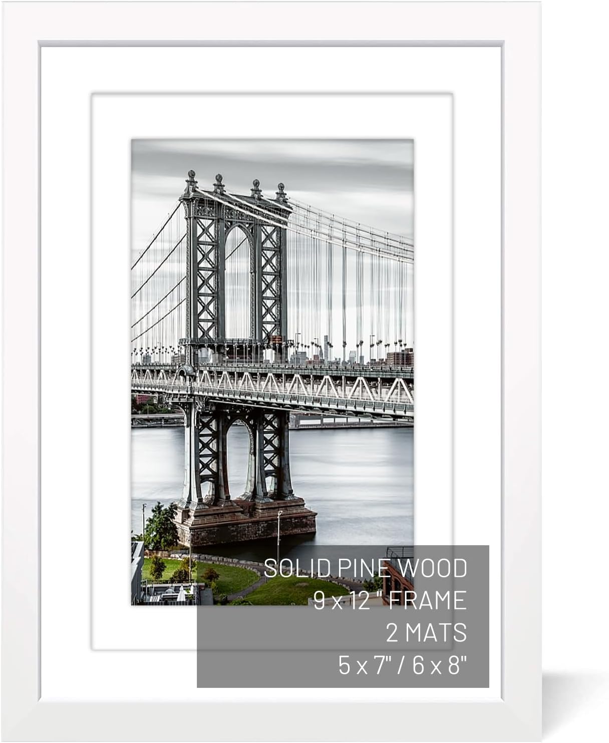 9x12 Solid Wood Picture Frames - Display 6x8 or 5x7 with Mat, 9x12 Frame without Mat - Wall Mounting or Table Top (White)