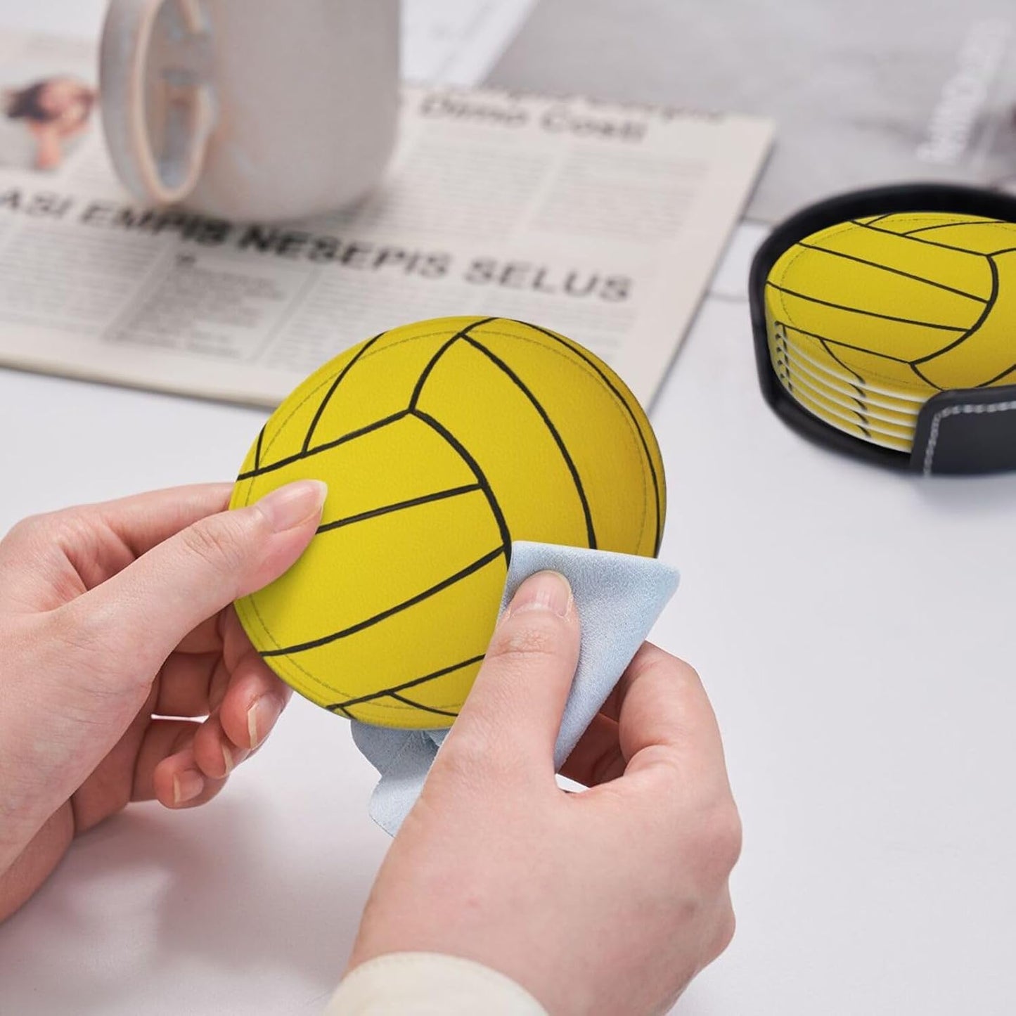 6 Pcs Water Polo Ball Drink Coasters with Holder Coasters for Drinks Coffee Table Home Decor Housewarming Gift