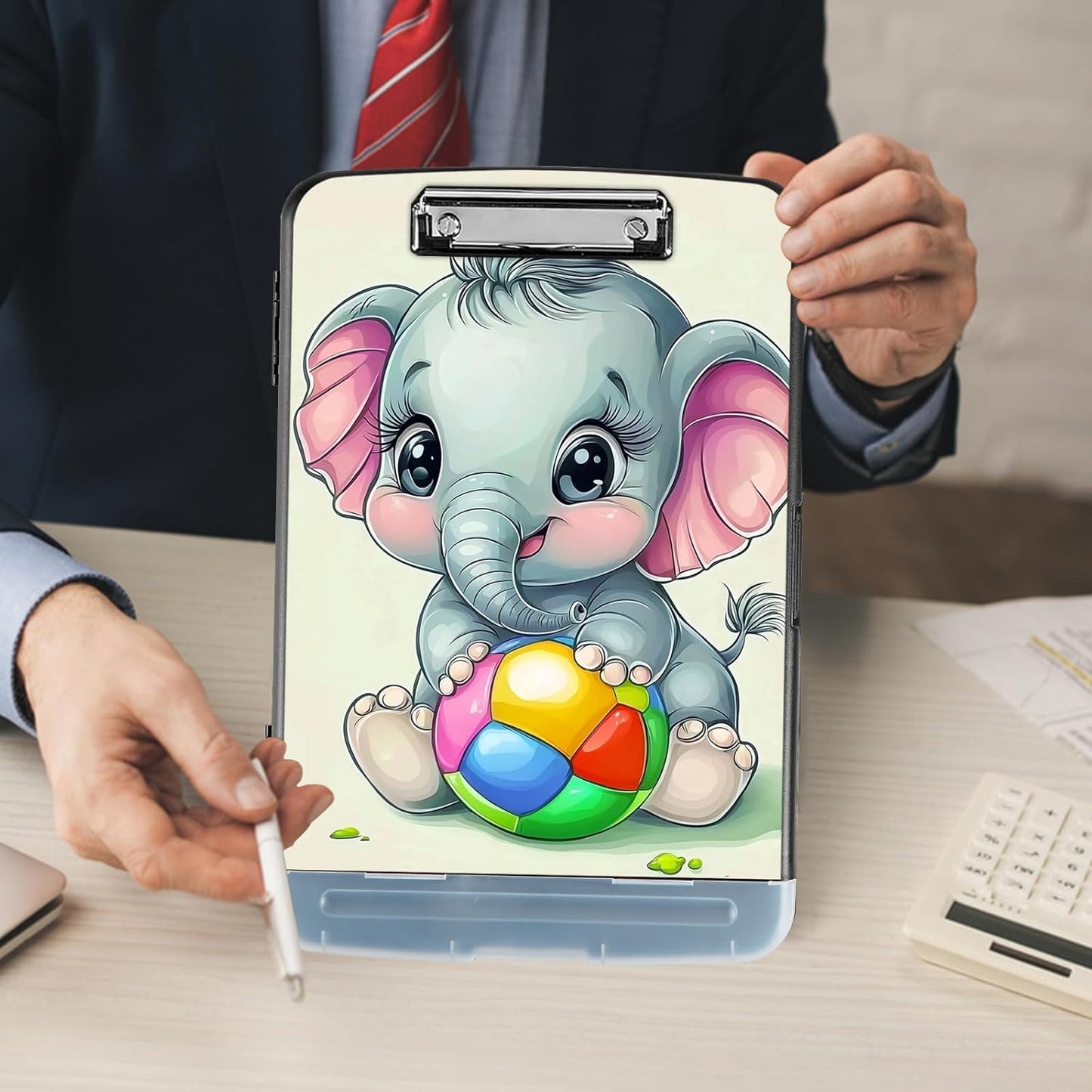 Clipboard with Storage - Large Capacity,Nursing Clipboard with Pen Holder,Heavy Duty,Plastic Side-Opening Folder for Teacher,Nurse - Cute Elephant