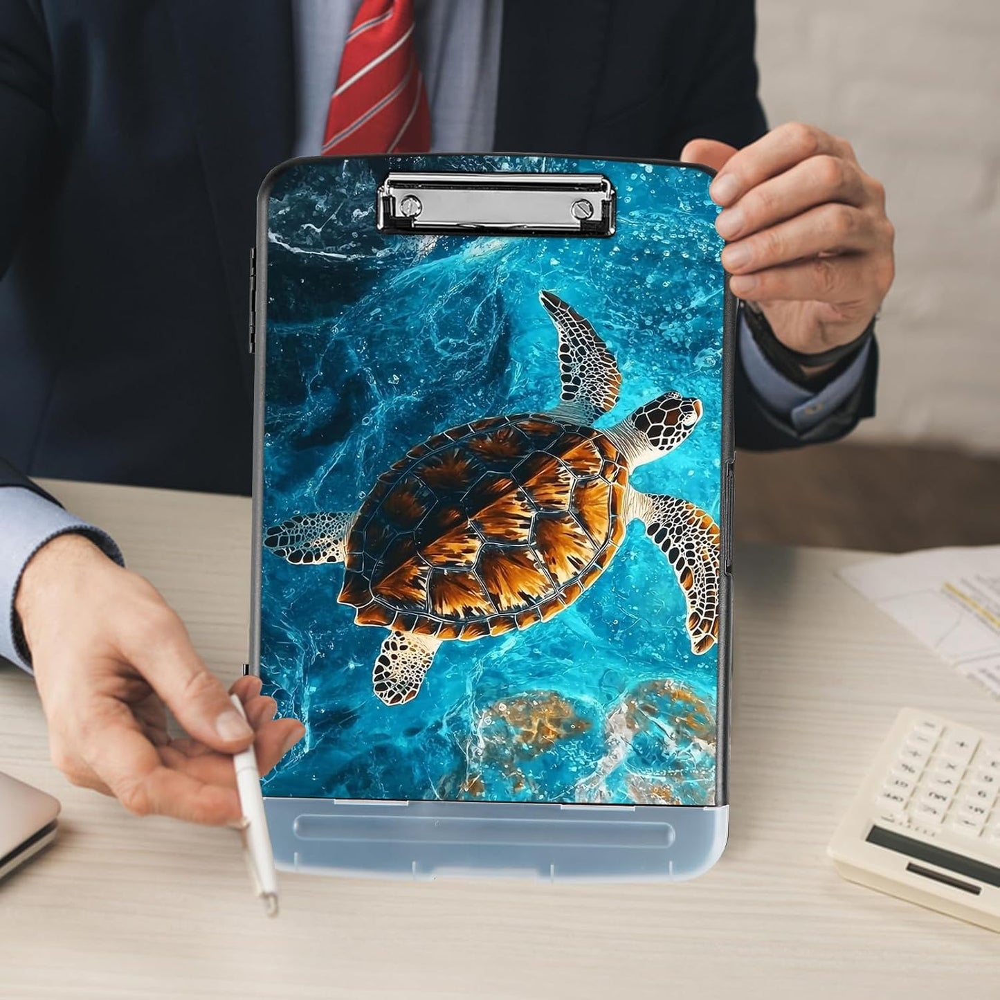 Clipboard with Storage - Large Capacity,Nursing Clipboard with Pen Holder,Heavy Duty,Plastic Side-Opening Folder for Teacher,Nurse - Swimming Sea Turtle
