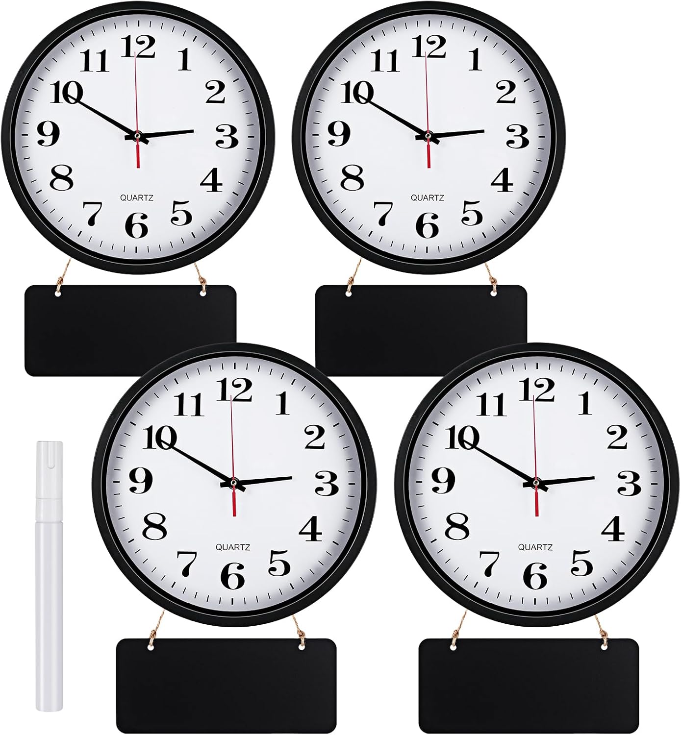 Inbagi 4 Pieces Wall Clocks Set Include Quartz Wall Clock Battery Operated Round Clock with 4 Pieces Hanging Chalkboard and White Marker Pen for Hotel Office Home Room Kitchen(12 Inch,Black)