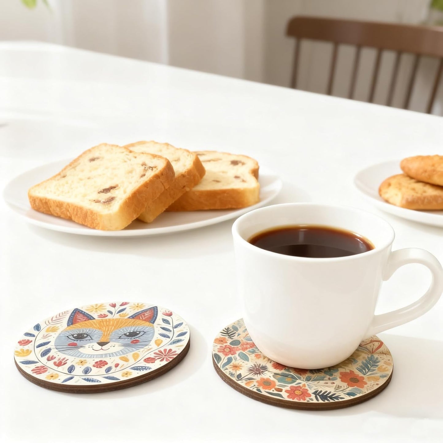 Wood Coasters Set of 6 - Handcrafted Drink Coaster Thick Heat-Resistant for Office, Bar, Farmhouse - Cute Cat Drink Cup Coasters for Table Protection