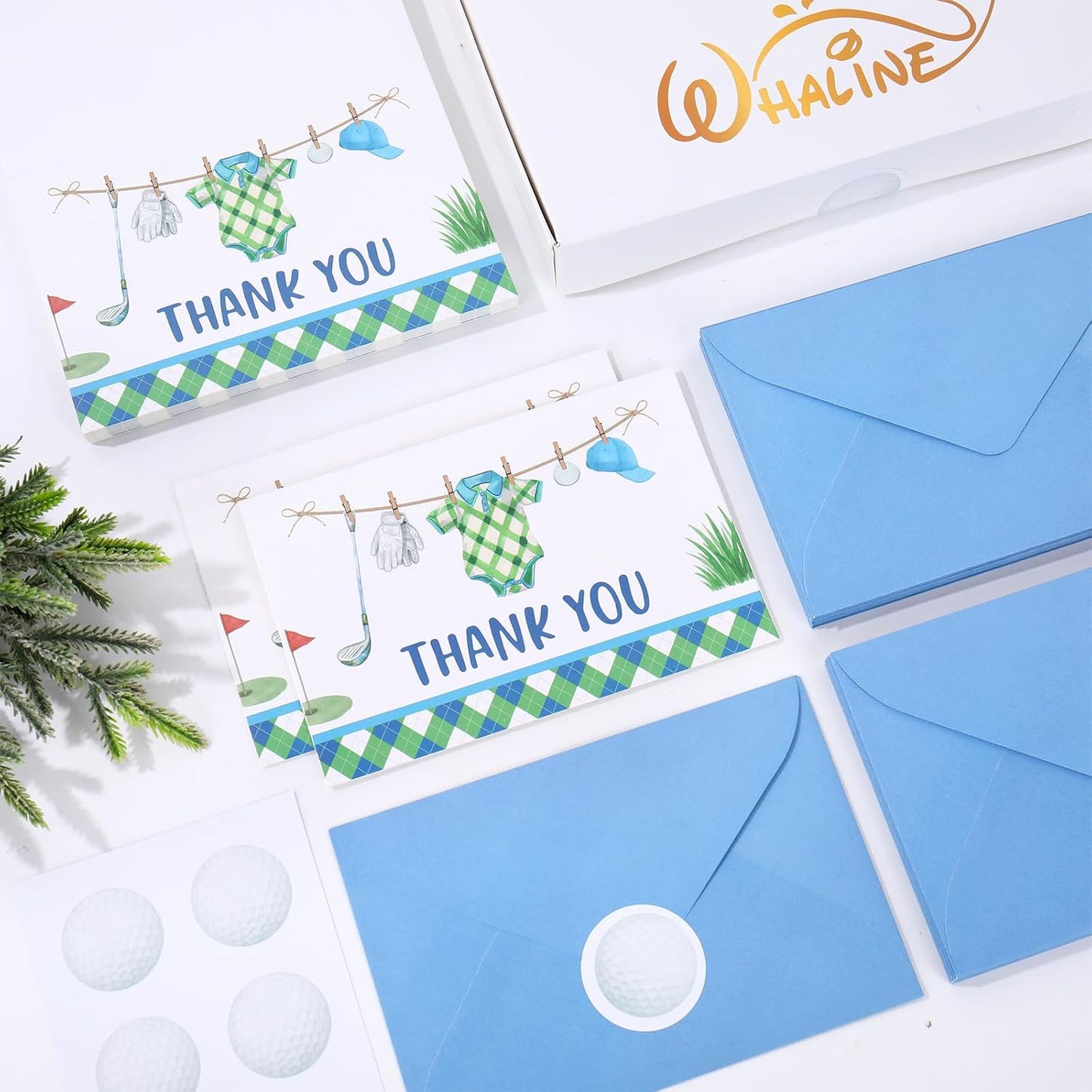 Whaline 50 Pack Golf Baby Shower Thank You Cards Greeting Card with Envelopes Stickers Blue Green Golf Ball Club Glove Hat Cloth Blank Note Card for Birthday Sport Party, 4 x 6 Inch