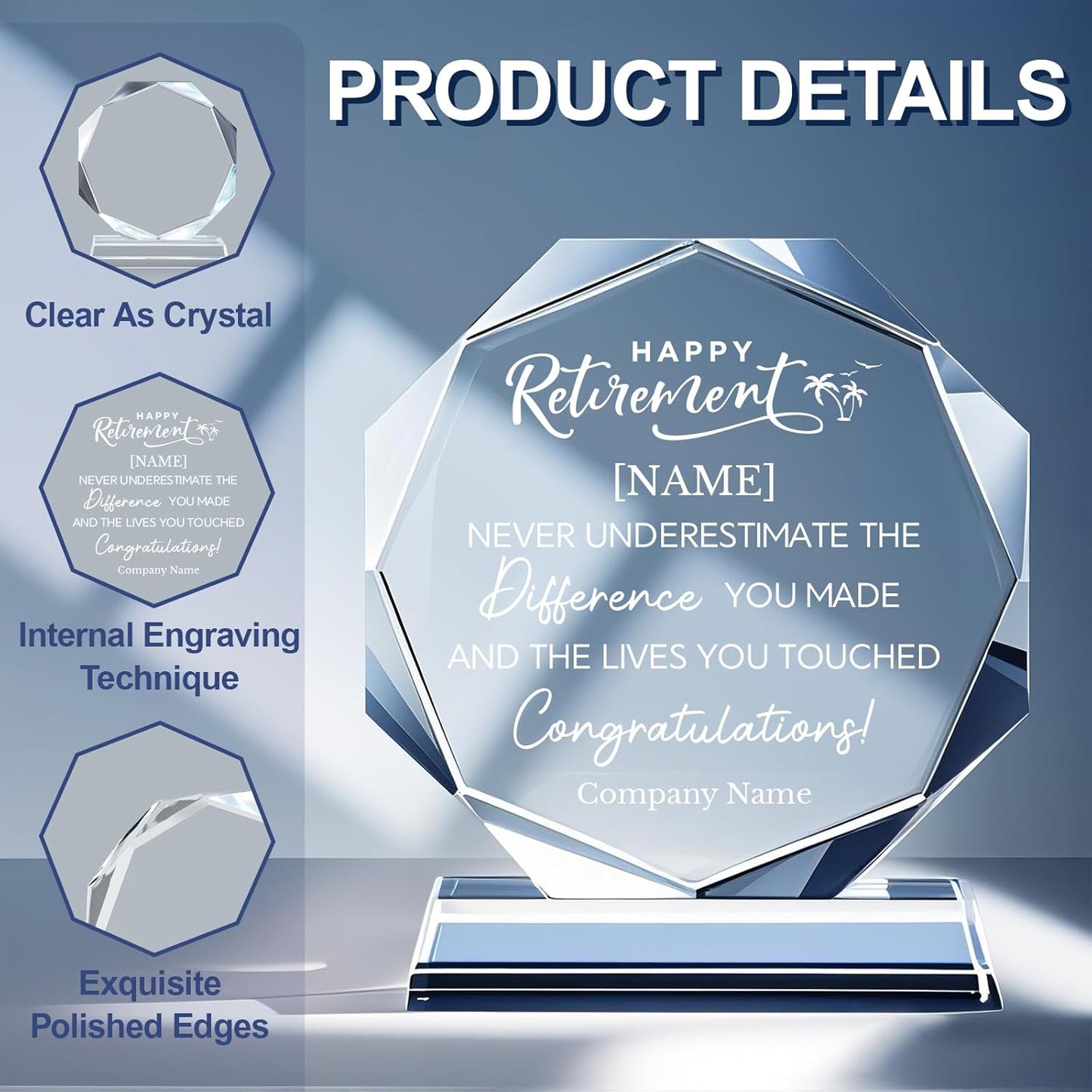 Personalized Crystal Trophy Award - Custom Plaque w/Engraved Text Logo - Employee Appreciation Gifts, Farewell Retirement Gifts - Custom Trophy and Employee Recognition Awards