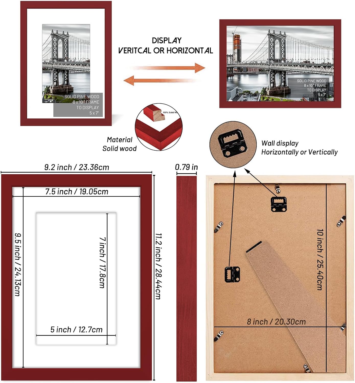 8x10 Solid Wood Picture Frames - 5x7 with Mat or 8x10 without Mat - Wall Mount or Table Top (Red)