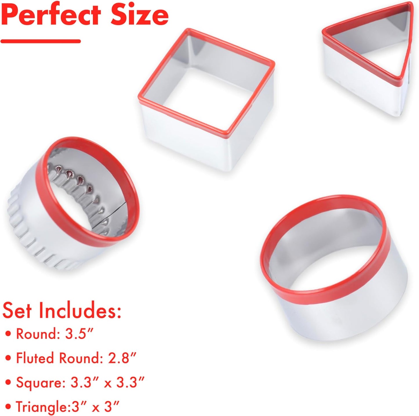 4 Pcs Cookie Cutters Set - Round Fluted Square Triangle Biscuit Cutter with Red Top Rubber Guard for Baking Scone and Circle Cookies