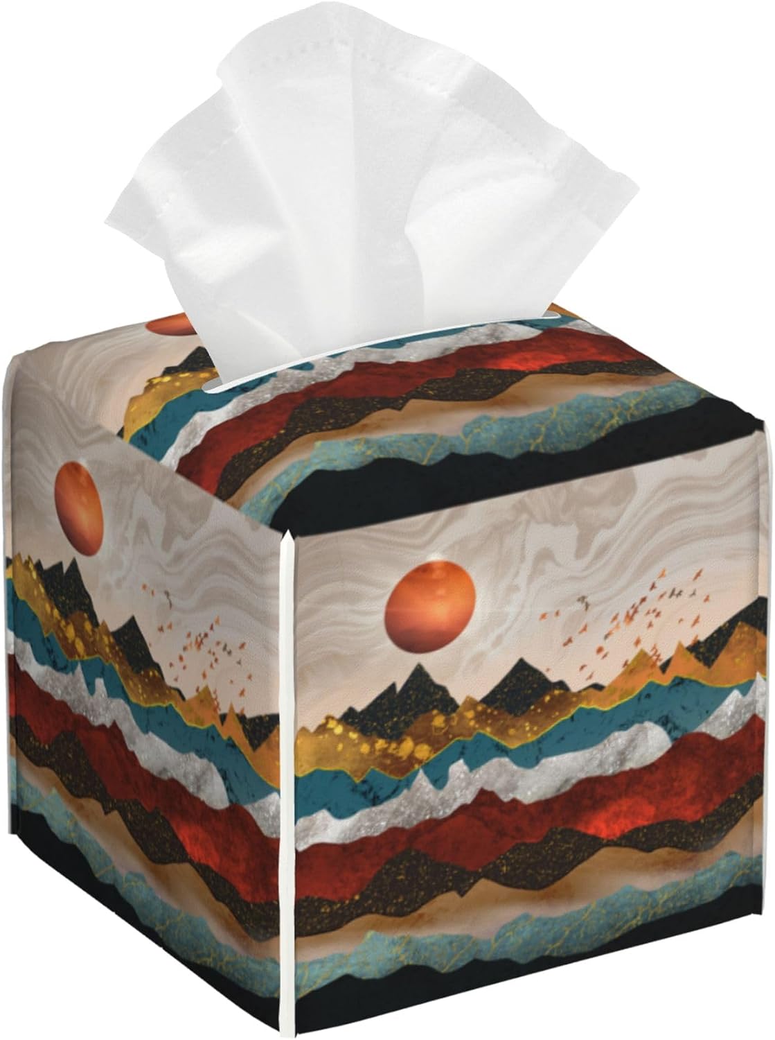 Gold Mountains and Red Sun Tissue Box Cover Square,Abstract Mountain Sunset Tissue Box Holder Waterproof Leather Facial Paper Organizer Dispenser for Bathroom Home Car Nightstand Vanity Desk