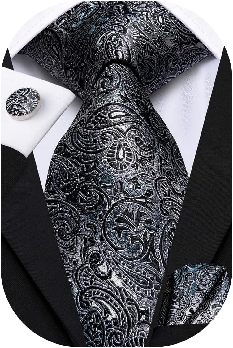 Hi-Tie Men 63inches Tie Set Extra Long Necktie Paisley Tie Pocket Suqare Cufflinks Big and Tall Men Tie