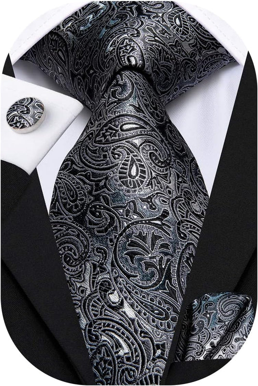 Hi-Tie Men 63inches Tie Set Extra Long Necktie Paisley Tie Pocket Suqare Cufflinks Big and Tall Men Tie