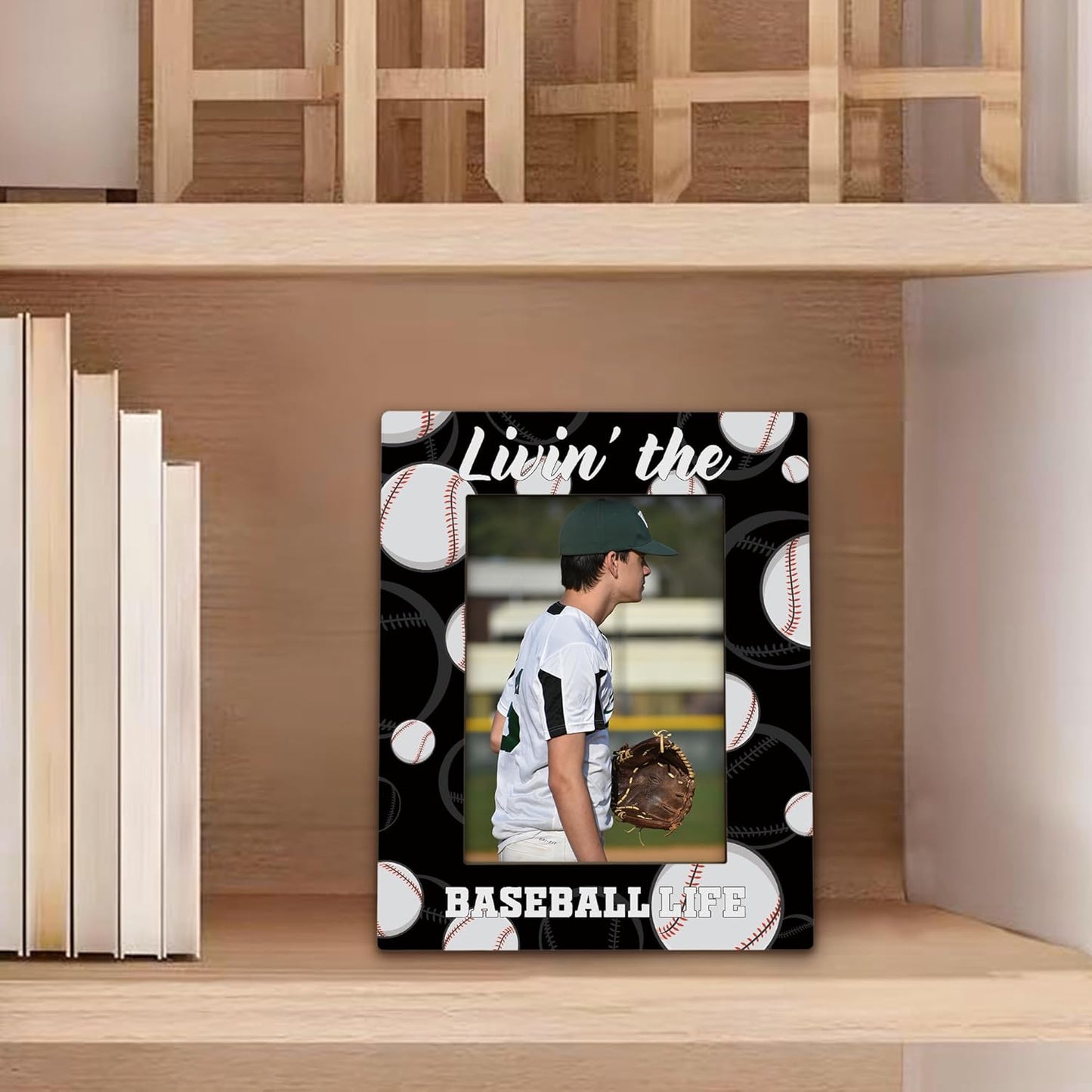 Baseball Picture Frame 5x7, Base Ball Lover Gifts Photo Frame, Base Ball Gifts for Men Boys BaseballPlayers, Livin'the Baseball Life Sport Wooden Picture Photo Frames for Desk Home Room Decor
