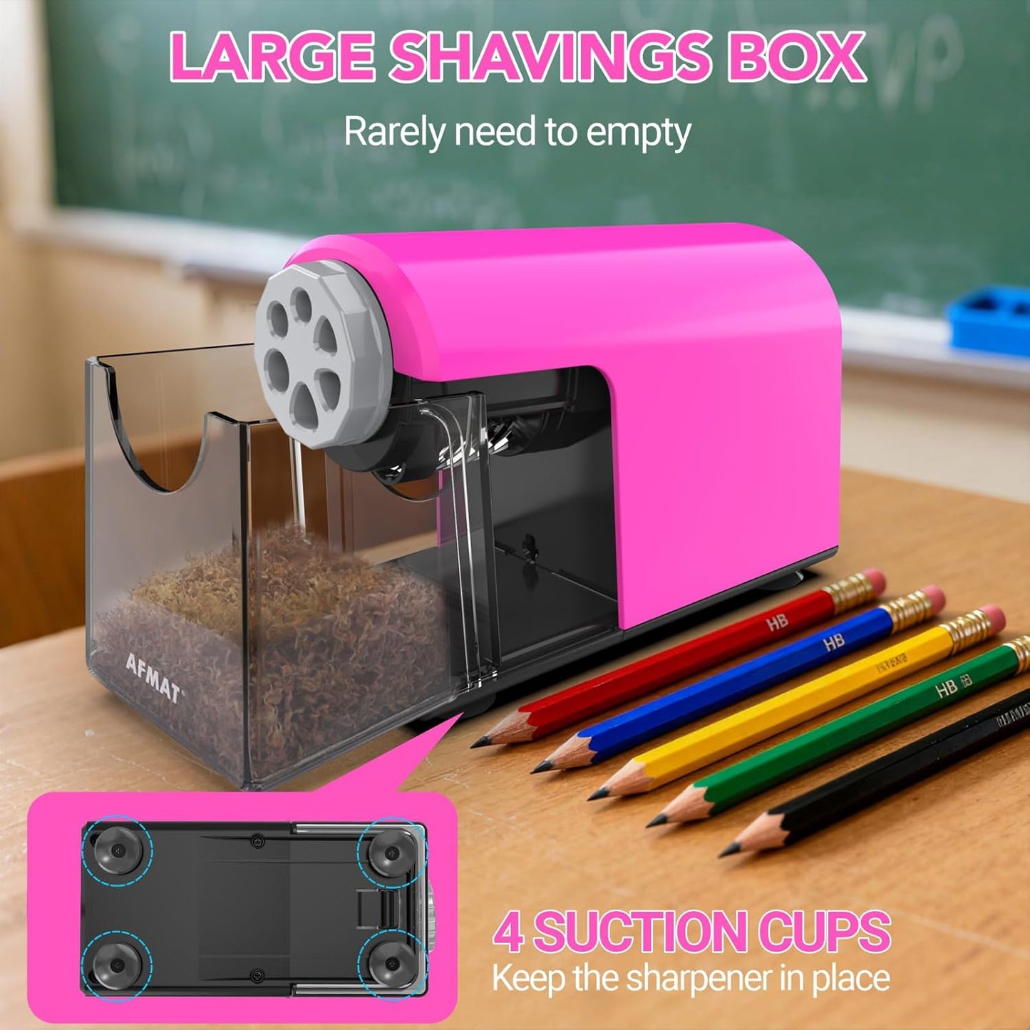AFMAT PSD2 Electric Pencil Sharpener Heavy Duty, 6 Holes, Cordless & Rechargeable, Fast Sharpen, Auto Stop, 10K+ Uses, Classroom Pencil Sharpener for 6-11mm No.2/Large/Colored Pencils, Pink