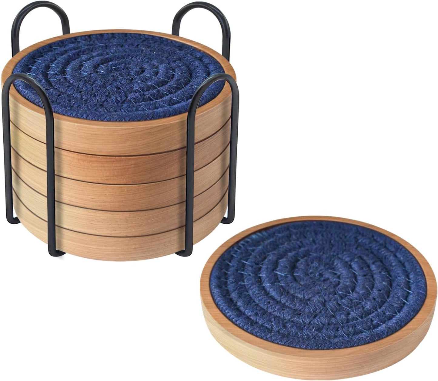 6 Pack Coasters for Drinks Absorbent, Wooden Coasters for Coffee Tables, Cup Mat for Kitchen, Farmhouse, Bar, and Office 4.3 inches (Dark Blue)