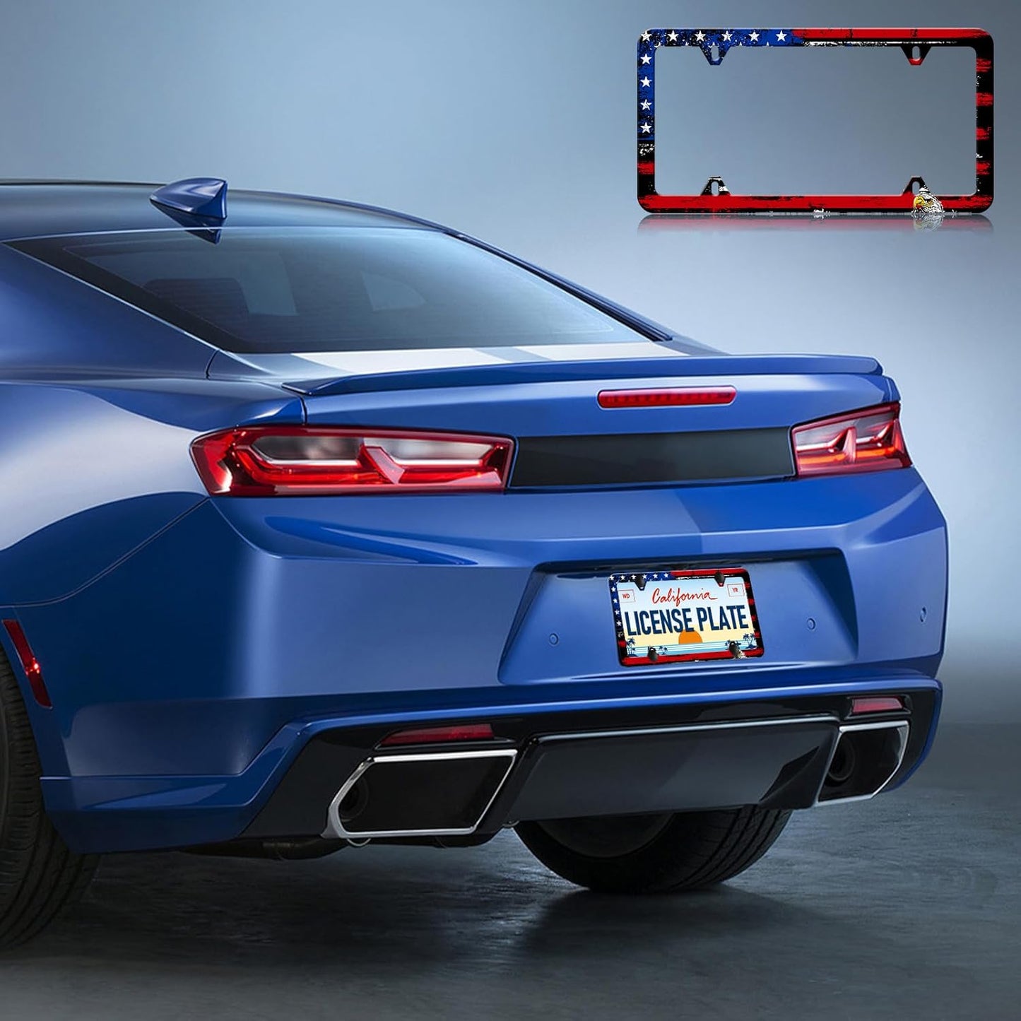 American Flag Eagle License Plate Frames - 2 Pack Front Rear Patriotic License Plates Holder Covers, Aluminum Metal Rust-Proof Waterproof Car Tag Frame with Screws Fasteners Caps