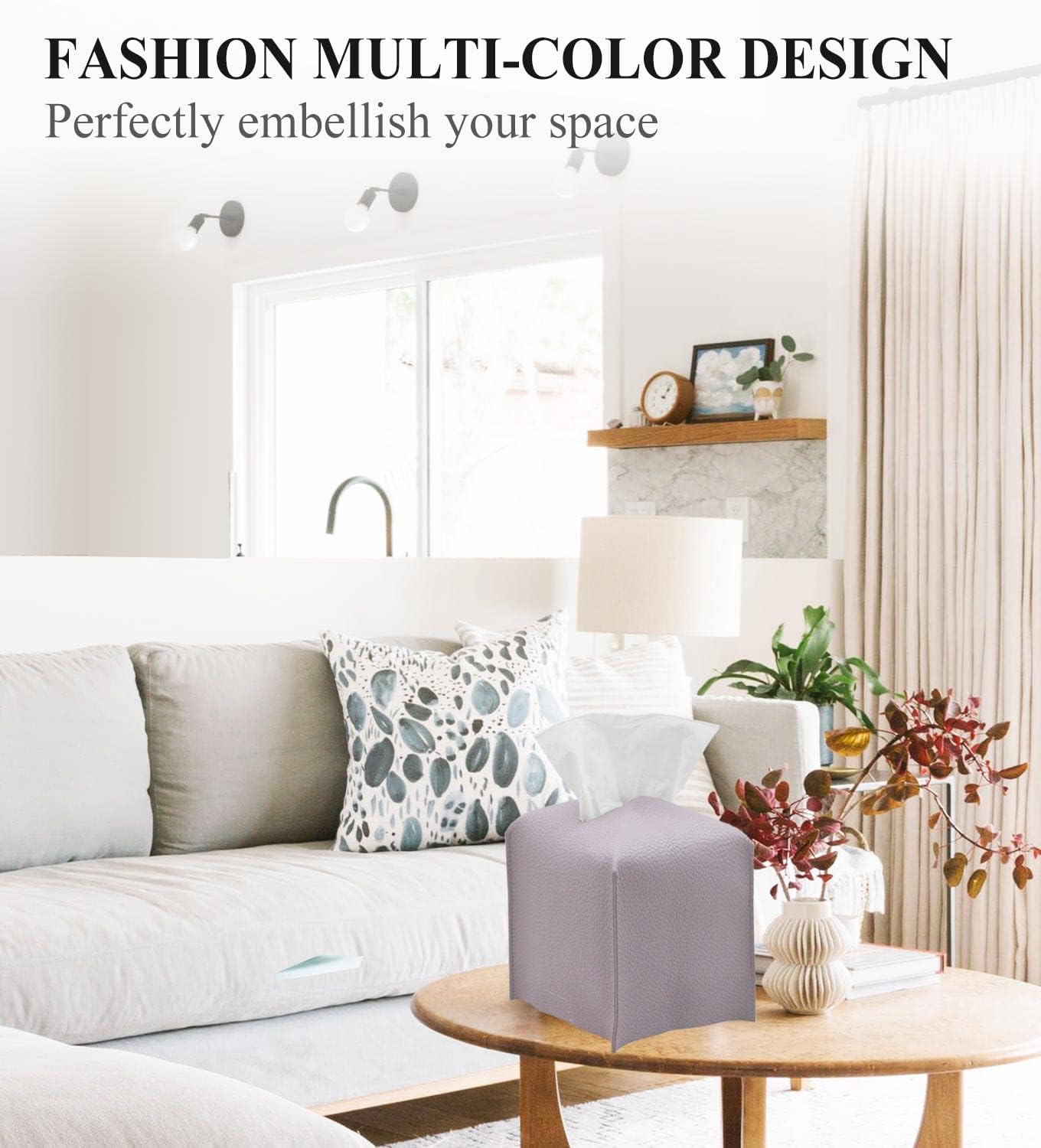 Livelab Tissue Box Cover, Square Decorative PU Leather Tissue Box Holder Modern Tissue Case Facial Paper Organizer Dispenser for Bathroom, Vanity Countertop, Night Stand, Desk 5X5X5'' | Light Purple