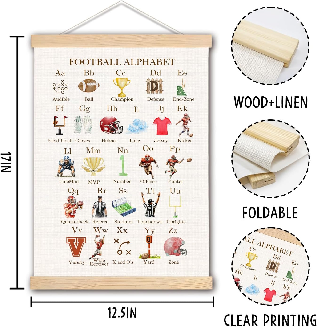 pouep Football Alphabet Nursery Wall Art Poster, Football Room Decor for Boys, Soccer Sports ABC Alphabet Educational Canvas Prints Wall Decor for Kids Boys Bedroom Nursery, 12x16 Inches