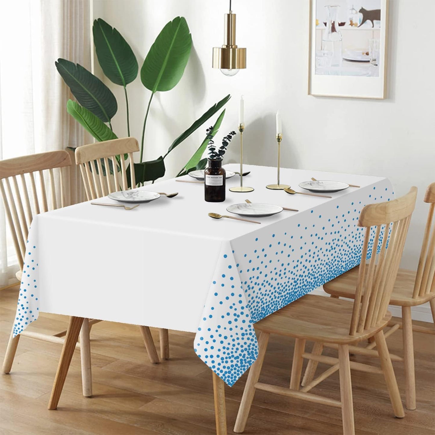 QIKSION 12 Pack White and Blue Dot Plastic Tablecloth, Waterproof Disposable Party Table Cloths for Baby Shower, Wedding, Anniversary, Birthday Party(54 × 108 Inch)