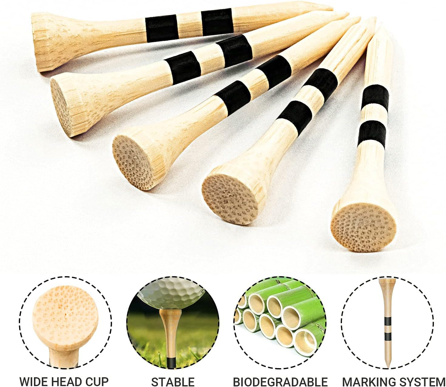 SAPLIZE Bamboo Golf Tees Pack of 100 or 150, Four Size Options (3-1/4", 2-3/4", 2-1/8", 1-1/2"), Stable and Reliable Golf Tees, Available in Natural Color
