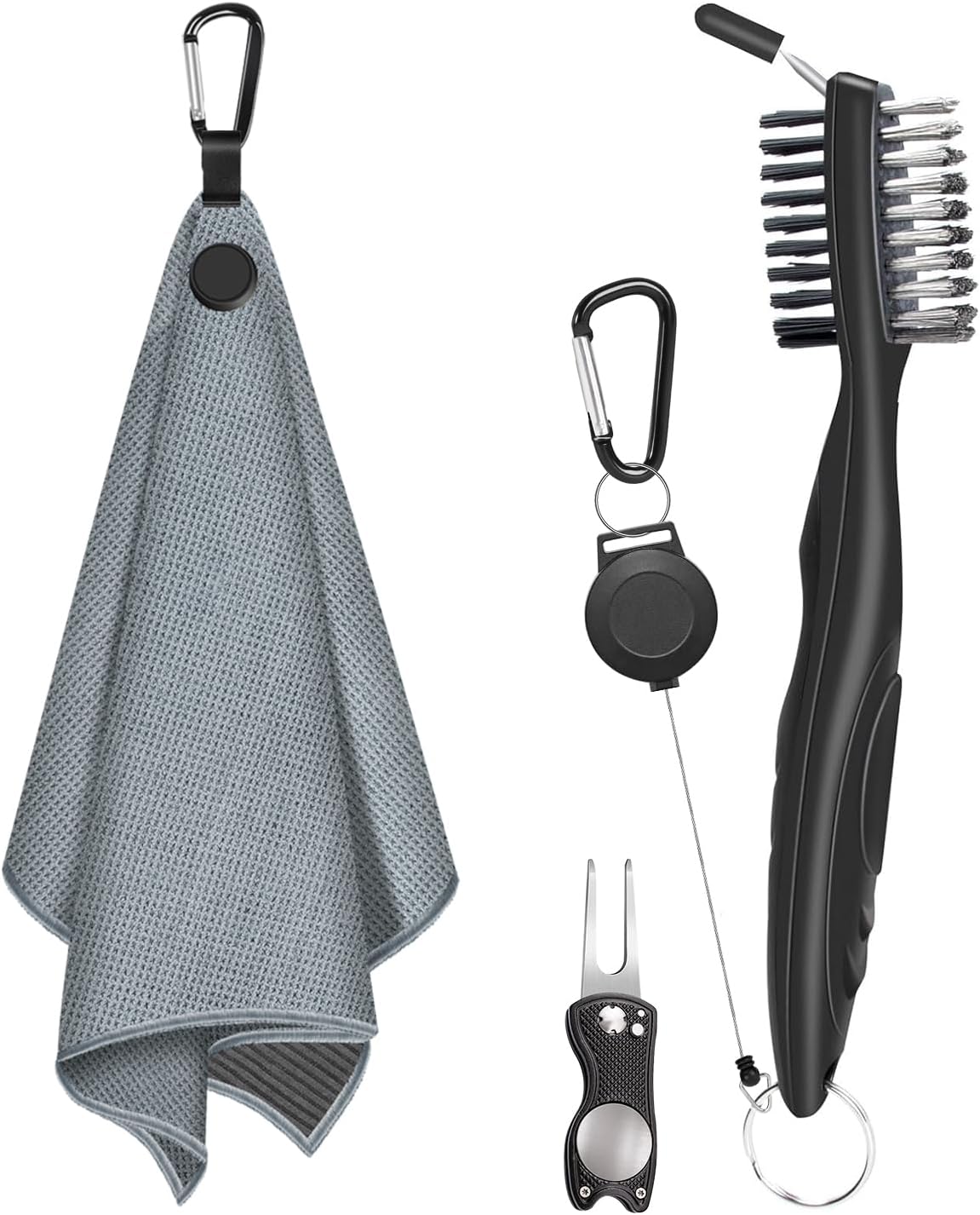 3 PCS Magnetic Golf Towels with Brush and Divot Tool, Microfiber Golf Towel with Wire Cleaning Cloth for Men, Industrial Strength Magnet for Strong Hold to Golf Bags, Carts or Clubs (3 Pack Gray)