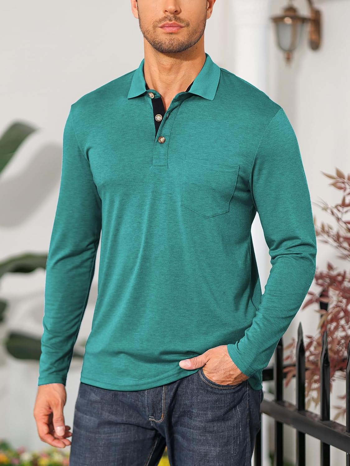 Mens Long Sleeve Polo Shirts Casual Moisture Wicking Golf Polo Shirts with Pocket