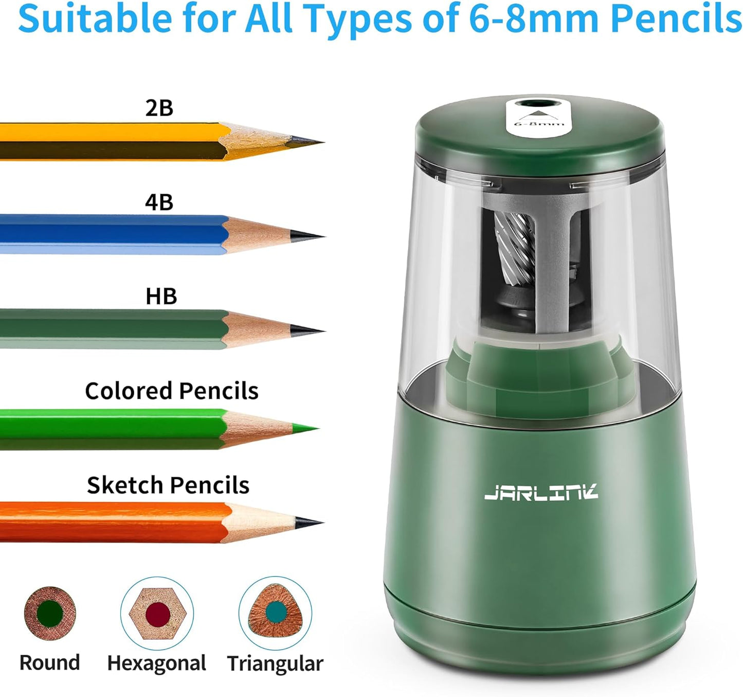 JARLINK Electric Pencil Sharpener, Heavy-Duty Helical Blade to Fast Sharpen, Auto Stop for No.2/Colored Pencils(6-8mm), AC Adapter/Battery Operated in School Classroom/Office/Home (Green)