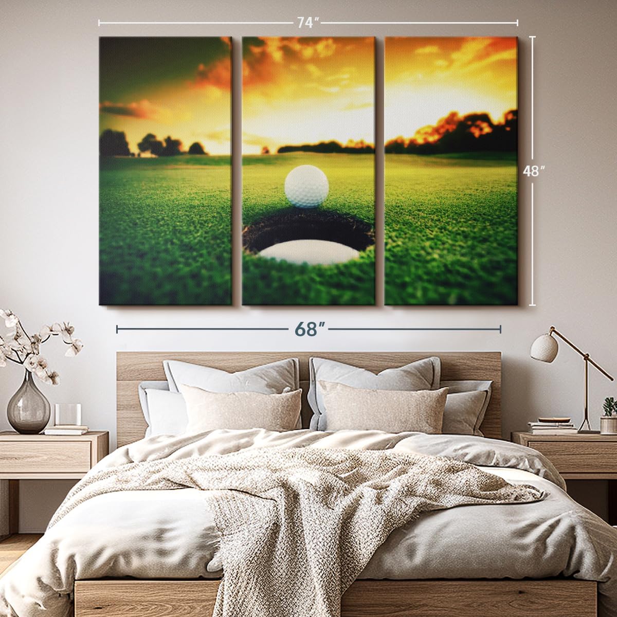 ElephantStock Golf Ball Wall Art - Horizontal Canvas - 3-Piece Living Room Wall Decor - Photography Sports Canvas Print - Orange and Yellow Decor for Wall - 74" X 48"