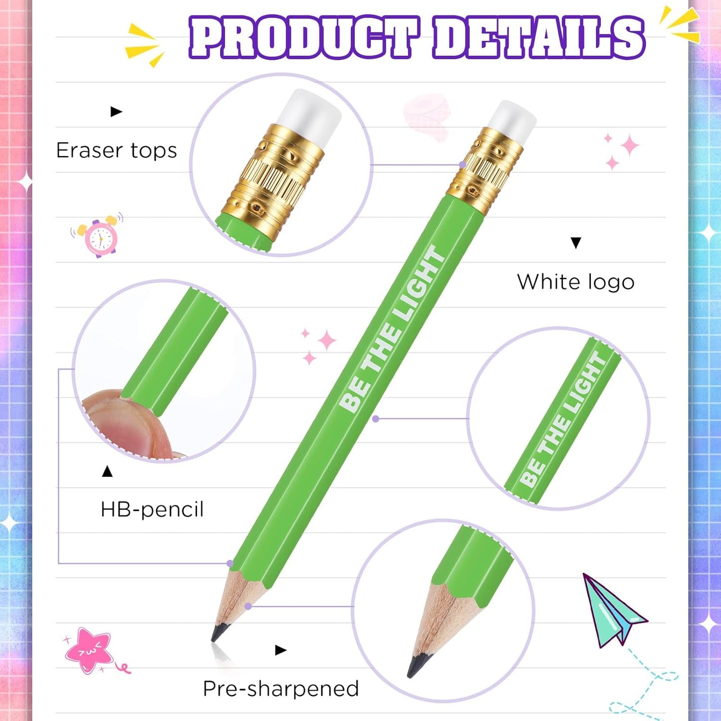 Jetec 100 Pcs Mini Pencils Bulk Inspirational Golf Wooden Half Pencils with Eraser and Motivational Sayings Back to School Gifts for Kids Student Teacher First Day of School(Rainbow Color)