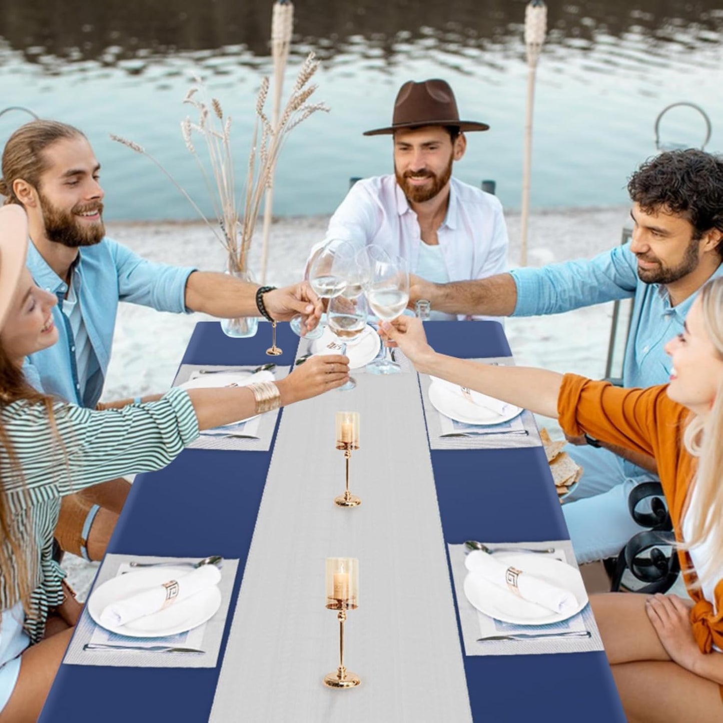 8 Packs Disposable Rectangle Tablecloth and Satin Table Runner, Blue and Silver Plastic Table Cloths for Parties Table Cover for Baby Shower Birthday Wedding Anniversary Holiday Party Decorations