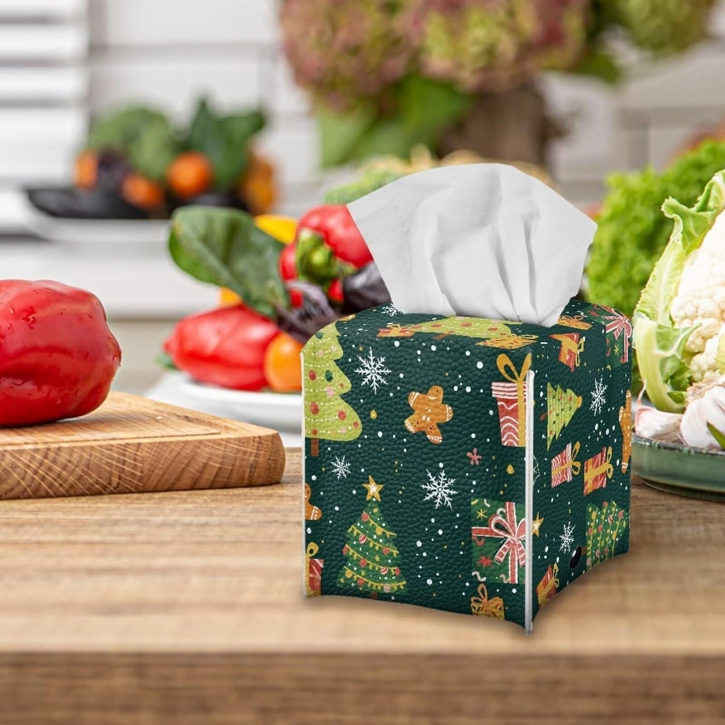 Christmas Tissue Box Cover PU Leather Green Xmas Tree Pattern Tissue Box Holder for Modern Home Office Decorative with Bottom Belt Car Tissue Box Organizer Waterproof Foldable