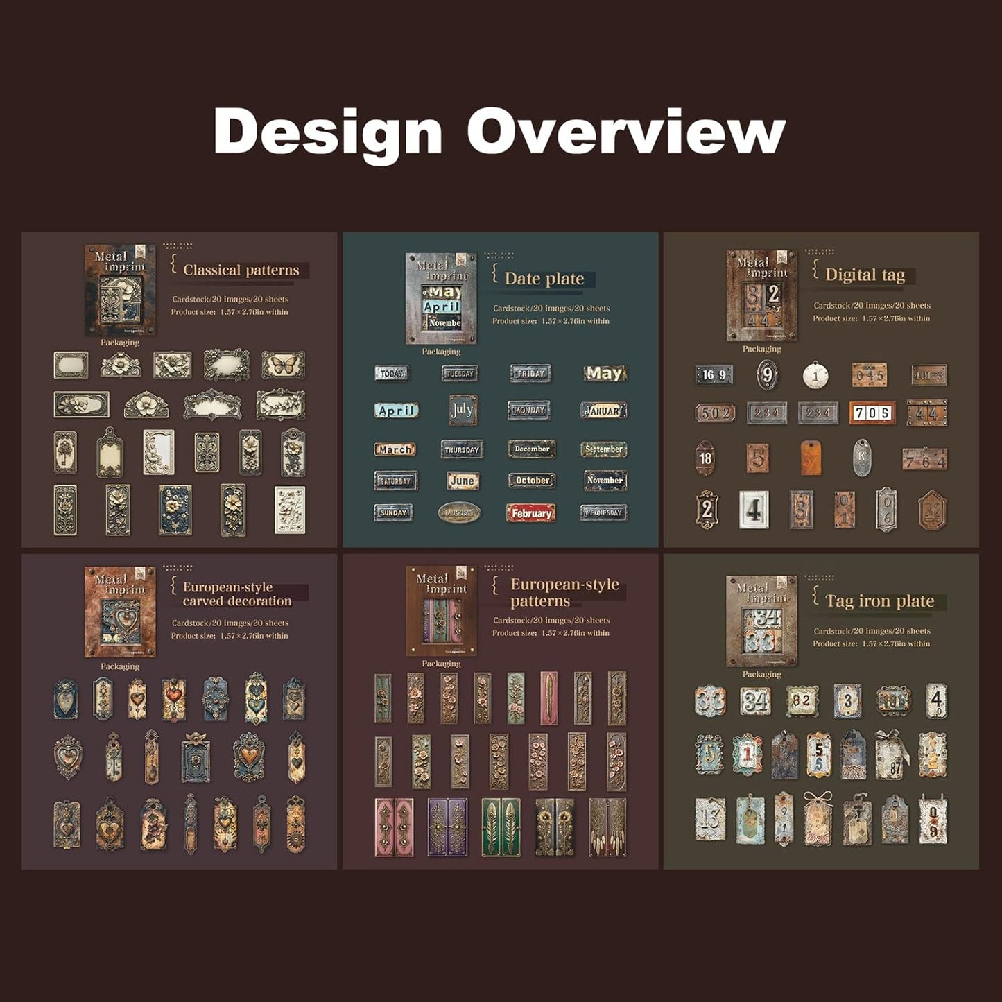 Metal Imprint Stickers Set – 120PCS Vintage Faux Embossed Label Stickers Featuring Writable Self-Adhesive Tags for Scrapbook Junk Journal DIY Crafts