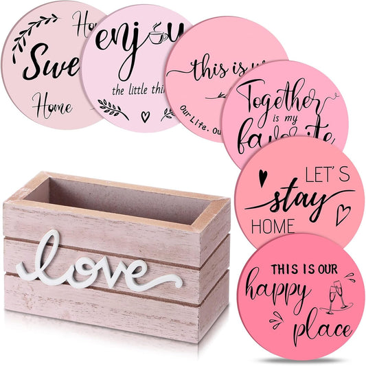 Queekay Housewarming Gifts for Home Decoration Wooden Heart Coasters for Drinks 6 Set Farmhouse Coasters with Holder Funny for Family Coffee Table Protection, 4''(Pink)