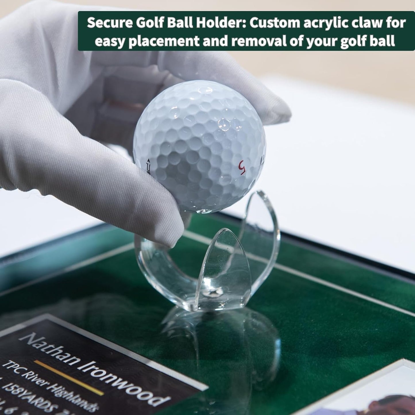 One-Shot Victory Golf Ball Display Frame – Acrylic Case with External Ball Mount, Custom Photo & Nameplate, Green Suede Mat, Elegant Golf Keepsake Gift