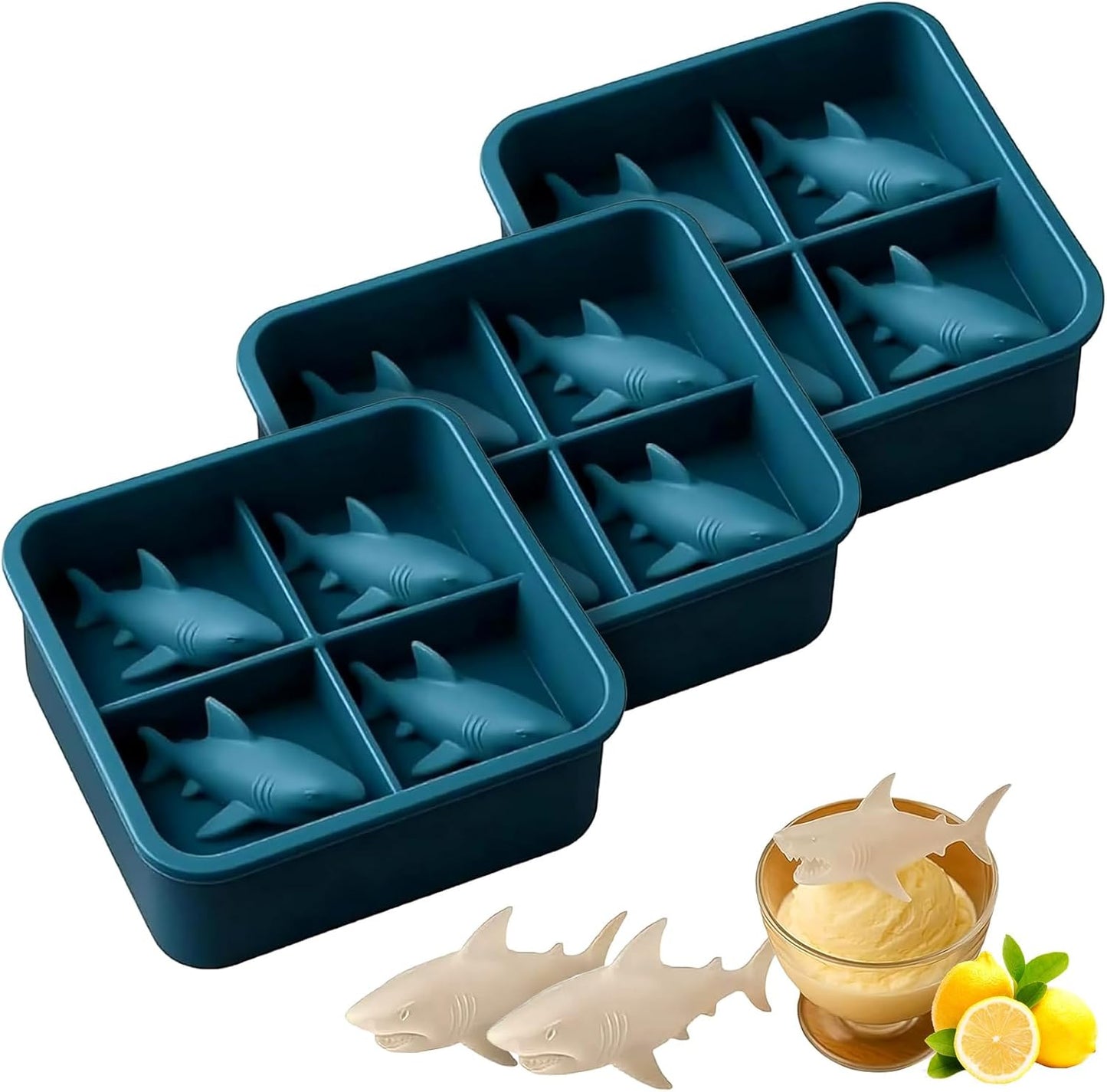Shark Silicone Ice Mold | Slow-Melting Design Reusable Ice Cube Tray, Easy Release Shark Shapes for Whiskey, Cocktails, Juice, Coffee | Fun Ice Molds for Cold Drinks & Party Gifts (3 Pcs)