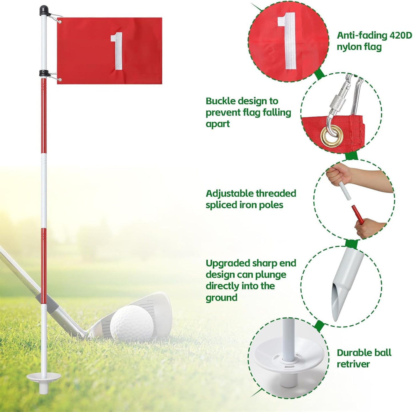 Golf Flagstick, 6 Ft Golf Hole Flags for Putting Green, Double Sided Golf Pin Flag for Yard with 5-Section Pole and Ball Retriever, 1 Pack (Number 1)