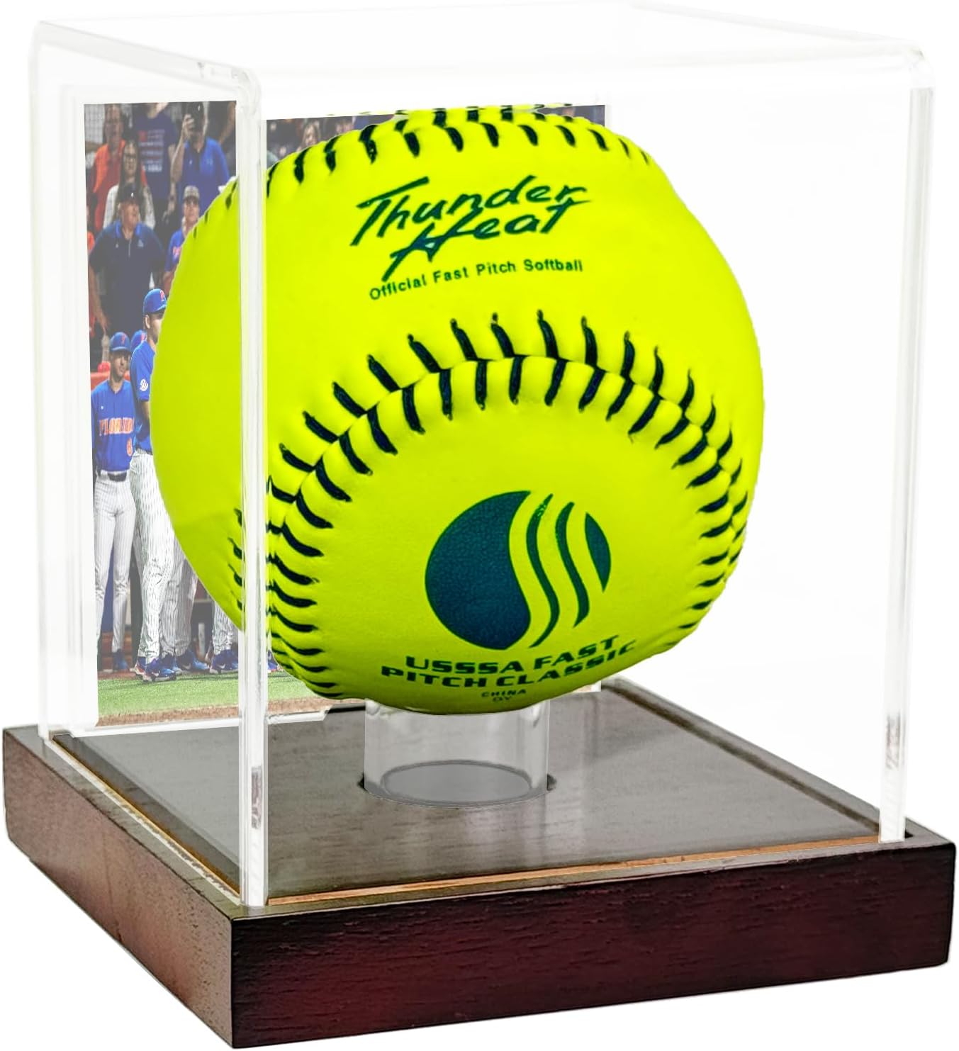 Clear Softball Display Case with Wood Base and Compartment for Photos,Cards,Acrylic Ball Display Holder for 12 inch Softball,UV Protected Cube Stand for Tennis Ball Baseball,Sport Collection Showcase