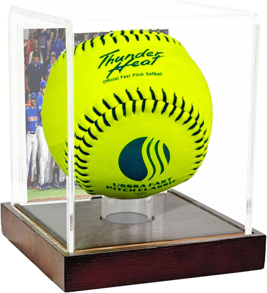 Clear Softball Display Case with Wood Base and Compartment for Photos,Cards,Acrylic Ball Display Holder for 12 inch Softball,UV Protected Cube Stand for Tennis Ball Baseball,Sport Collection Showcase