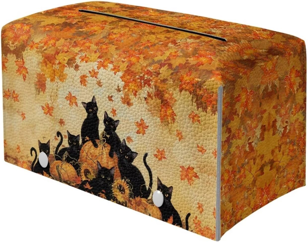 Fall Tissue Box Cover Rectangular Black Cat Maple Leaf Pumpkin Print 9.7"x5.2"x5.12" PU Leather Tissue Cover Decorative Organizer with Bottom Belt Easy to Install Car Decoration