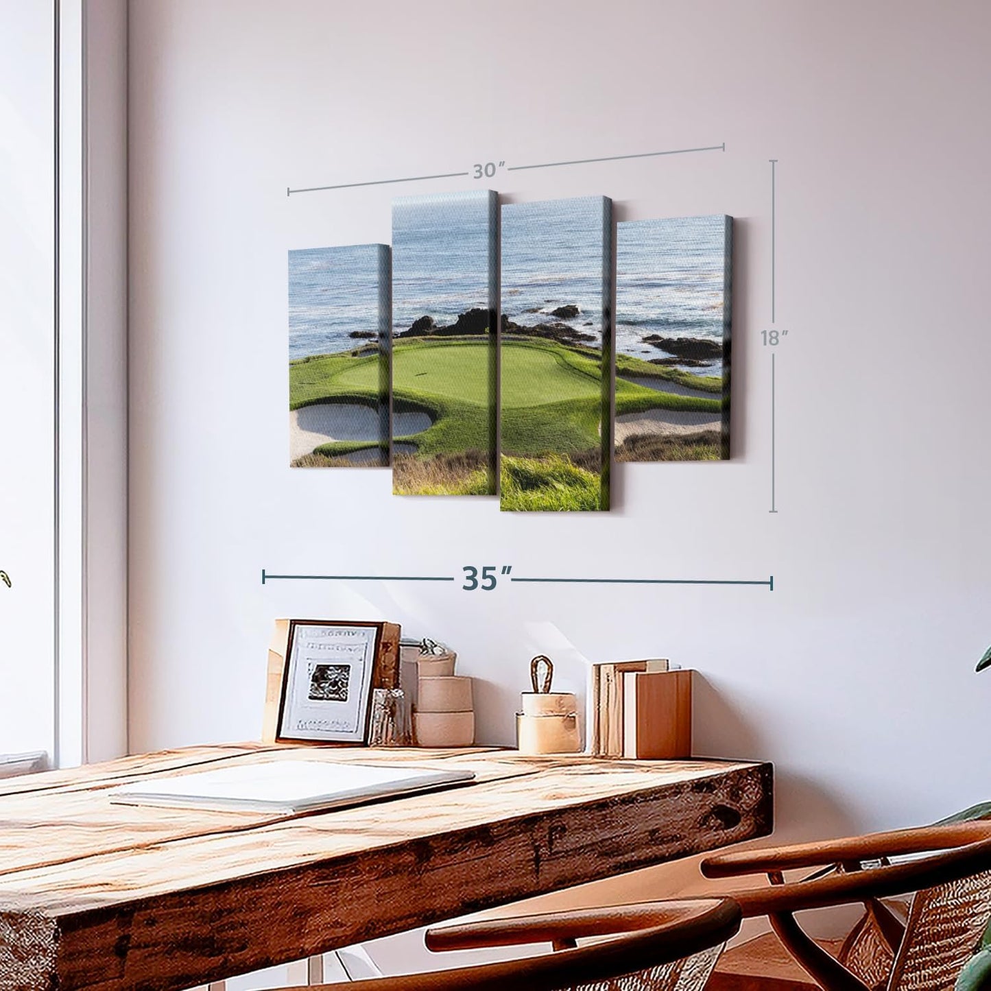 Elephant Stock Pebble Beach Golf Turf Wall Art - Horizontal Canvas - 4-Piece Hallway Wall Decor - Photographic Canvas Print - Brown and Blue Decor for Wall - 30" X 18"