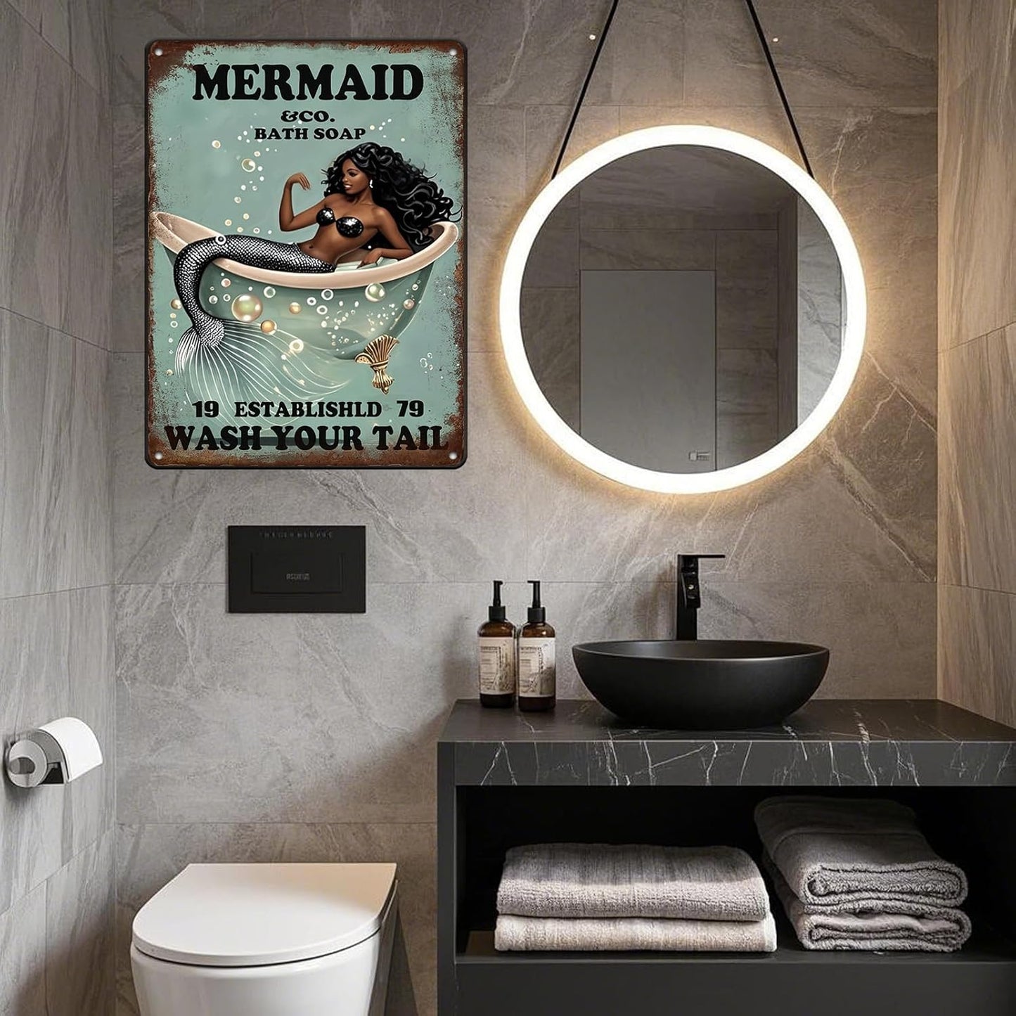 Funny Mermaid Company Bath Soap Metal Signs Wash Your Tail Sign Vintage Tin Sign Wall Decor Retro Tin Signs for Room Living Room Bathroom Toilet Hotel 12x16 Inch