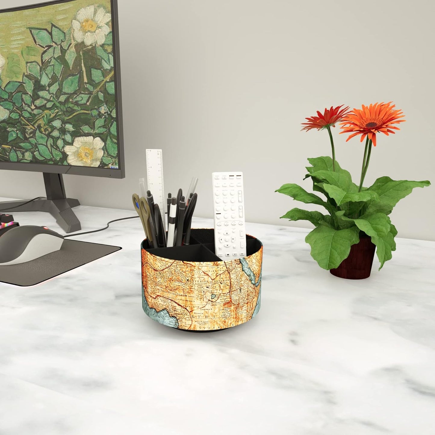 Hennaja Round Leather Art Supply Organizer,Remote Control Holder,360 Degree Rotating,Multi-Functional Pencil Holder,4 Compartments Desktop Stationary Organizer(1-Vintage Map)