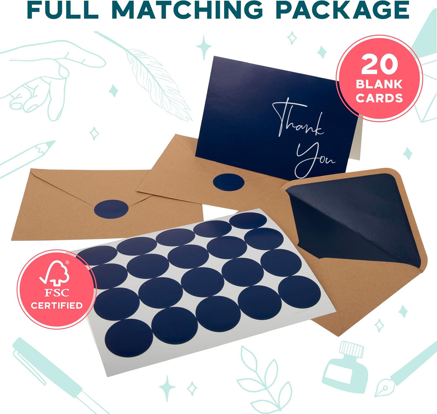 VNS Creations 20 Pack Thank You Cards With Envelopes, Stickers, 4x6 Inch Blank Thank You Notes - Bulk Box Set Large Notes for Graduation, Wedding, Small Business, Baby & Bridal Shower - Navy Blue