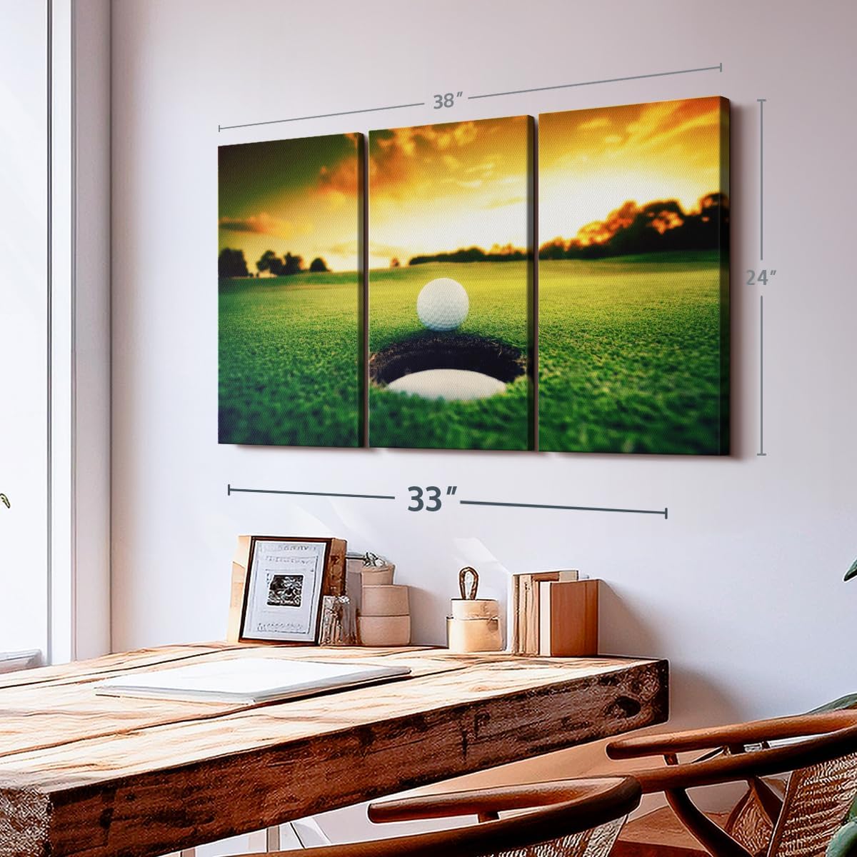 ElephantStock Golf Ball Wall Art - Horizontal Canvas - 3-Piece Living Room Wall Decor - Photography Sports Canvas Print - Orange and Yellow Decor for Wall - 38" X 24"