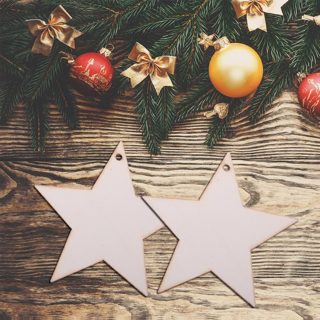 50PCS Unfinished Wood kit with Holes, Wood Slice for DIY Crafts, Blank Star Wood Cutouts Wooden Tags Ornaments for Sign Gift Tags, Christmas Decorations Indoor Outdoor Decor (Star Shape)