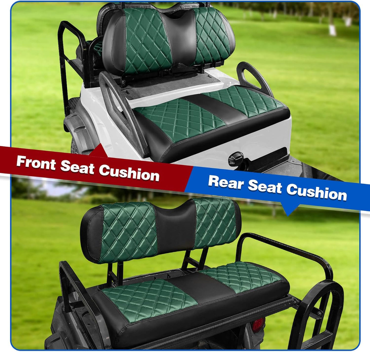 NOKINS 4PCS Golf Cart Seat Covers Kit, Front and Rear Seat Covers Fits Club Car Precedent Standard Seat Cushion, Club Car Vinyl Seat Covers Accessories, No Staples (Dark Green&Black)