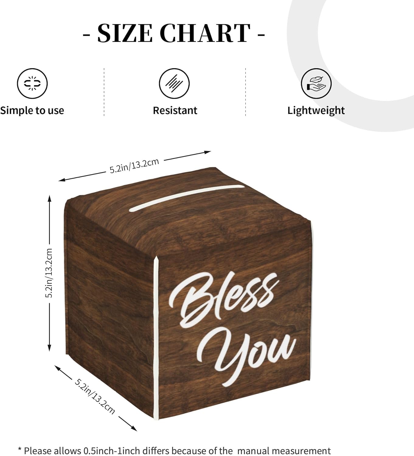 Bless You Tissue Box Cover Square,Wooden Board Texture Tissue Box Holder Waterproof Leather Facial Paper Organizer Dispenser for Bathroom Home Car Nightstand Vanity Desk
