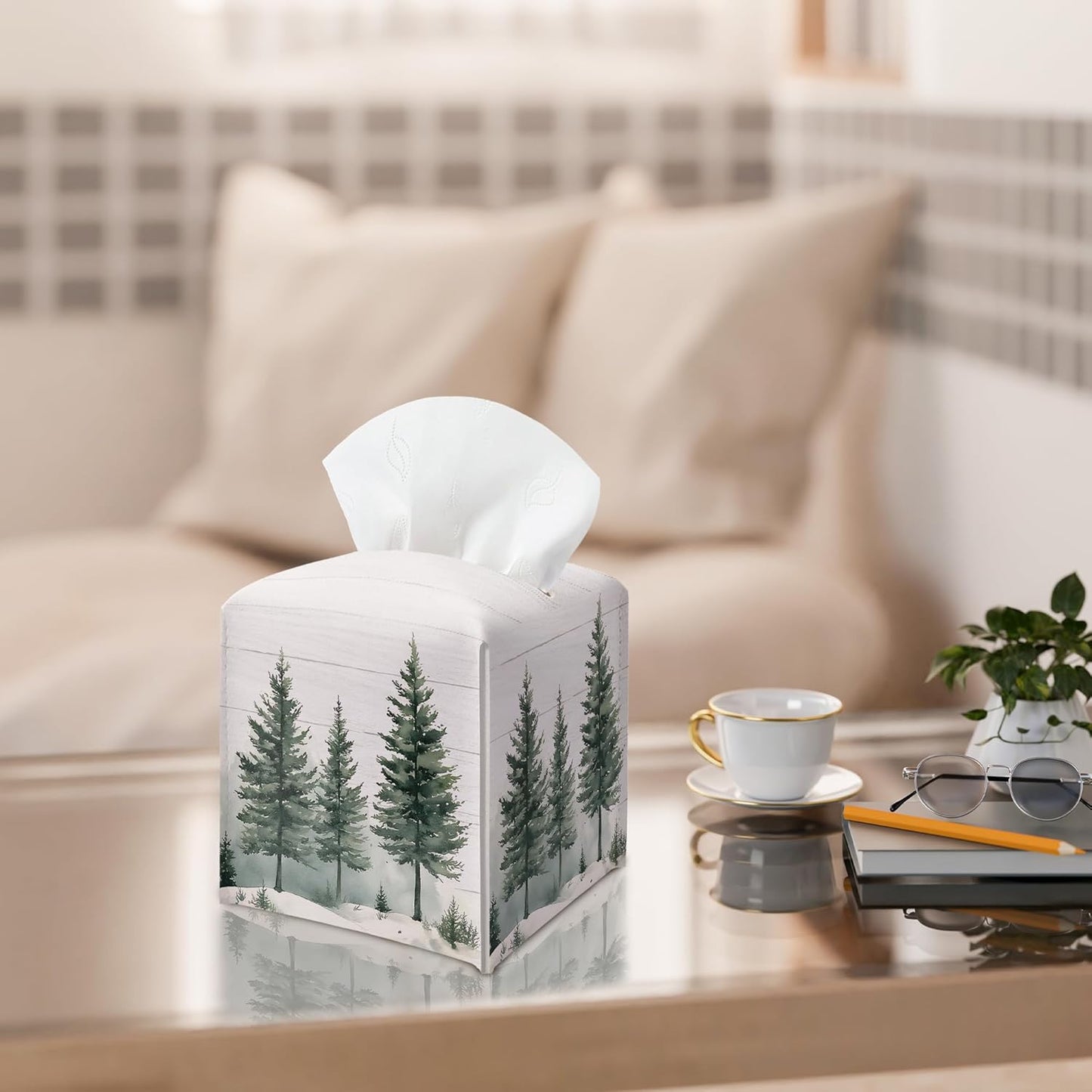 Winter Pine Tree Tissue Box Holder, Christmas Tree Leather Tissue Box Cover Square with Bottom Belt, Paper Facial Decorative Tissues Cover for Night Stands Bathroom Kitchen Office Home Decor-B21