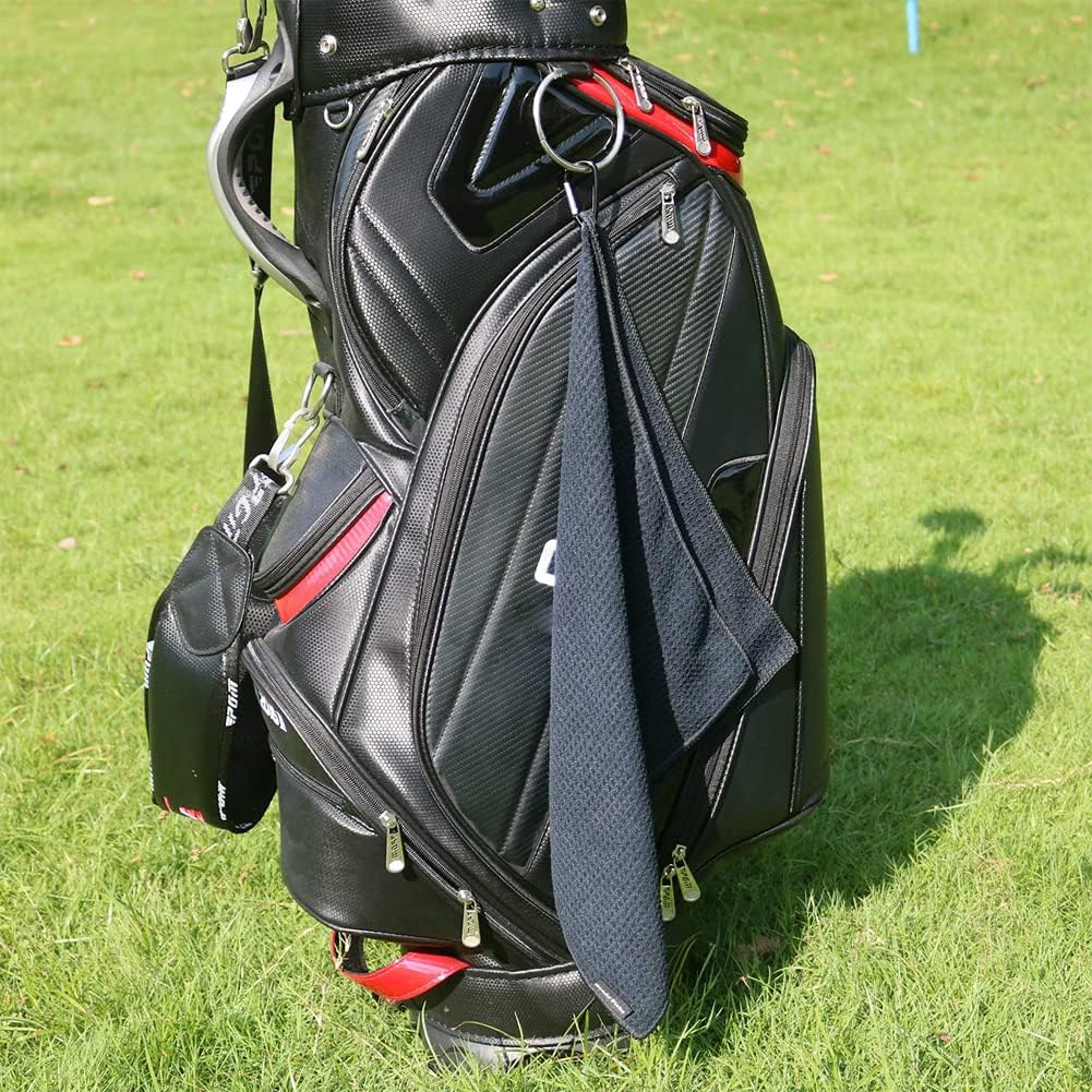 Golf Towels, Golf Towel and Brush Set, with Microfiber Waffle Design Golf Towel 16" X 24" with Hook and Loop Fastenerl and Retractable Zip-line Golf Club Brush (Black)