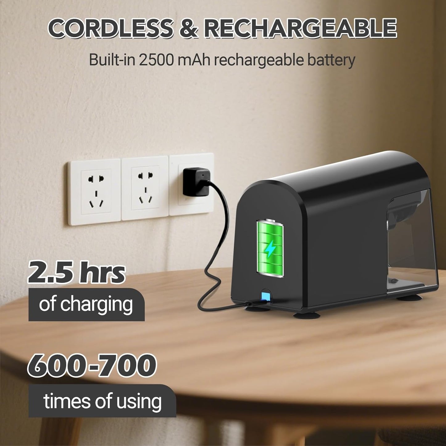 AFMAT PSD2 Electric Pencil Sharpener Heavy Duty, 6 Holes, Cordless & Rechargeable, Fast Sharpen, Auto Stop, 10K+ Uses, Classroom Pencil Sharpener for 6-11mm No.2/Large/Colored Pencils, Black