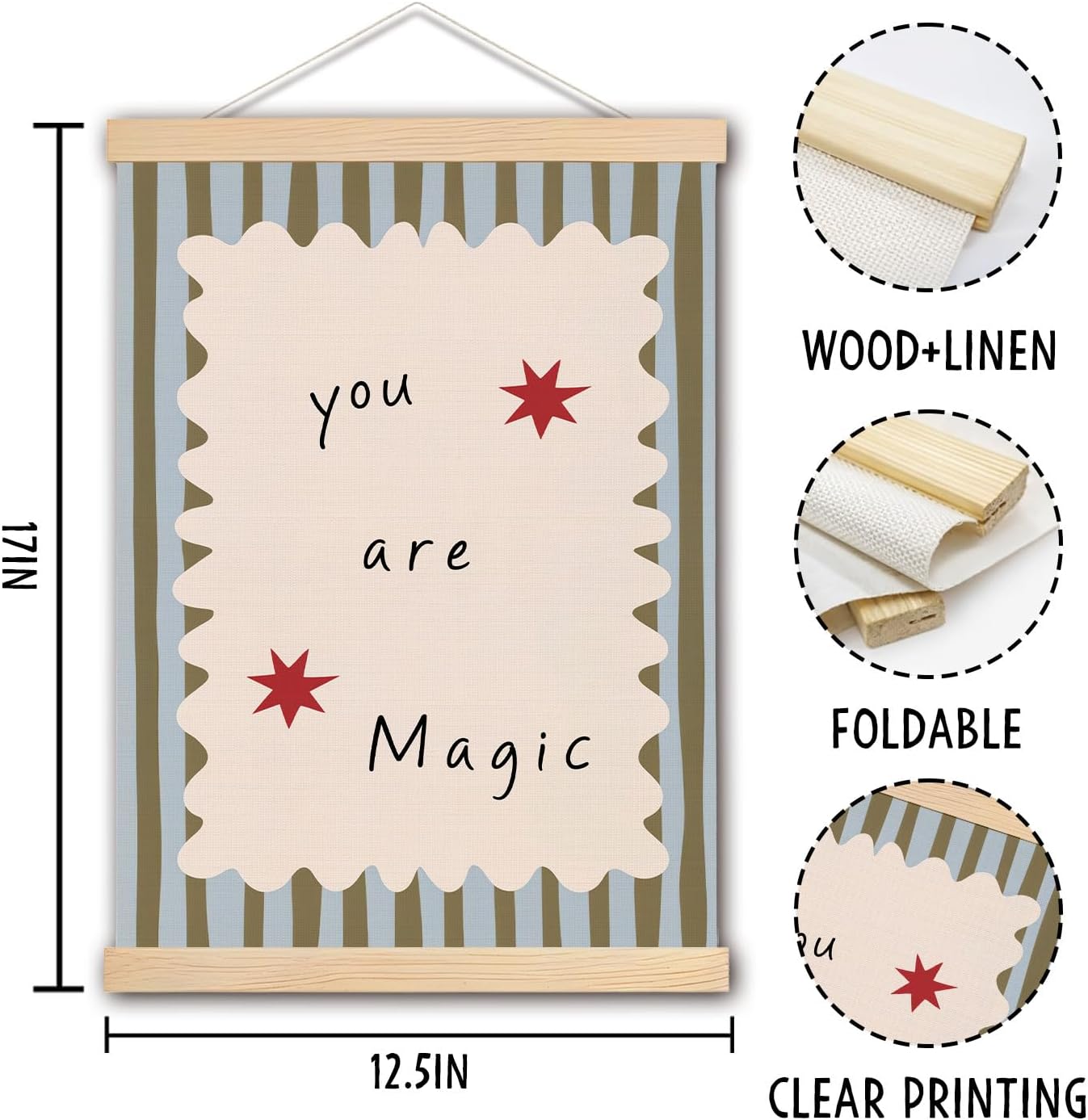 pouep You Are Magic Kids Nursery Wall Art Poster, Inspirational Positive Quote Neutral Striped Canvas Prints Wall Decor for Kids Boys Girls Bedroom Nursery Playroom, 12x16 Inches